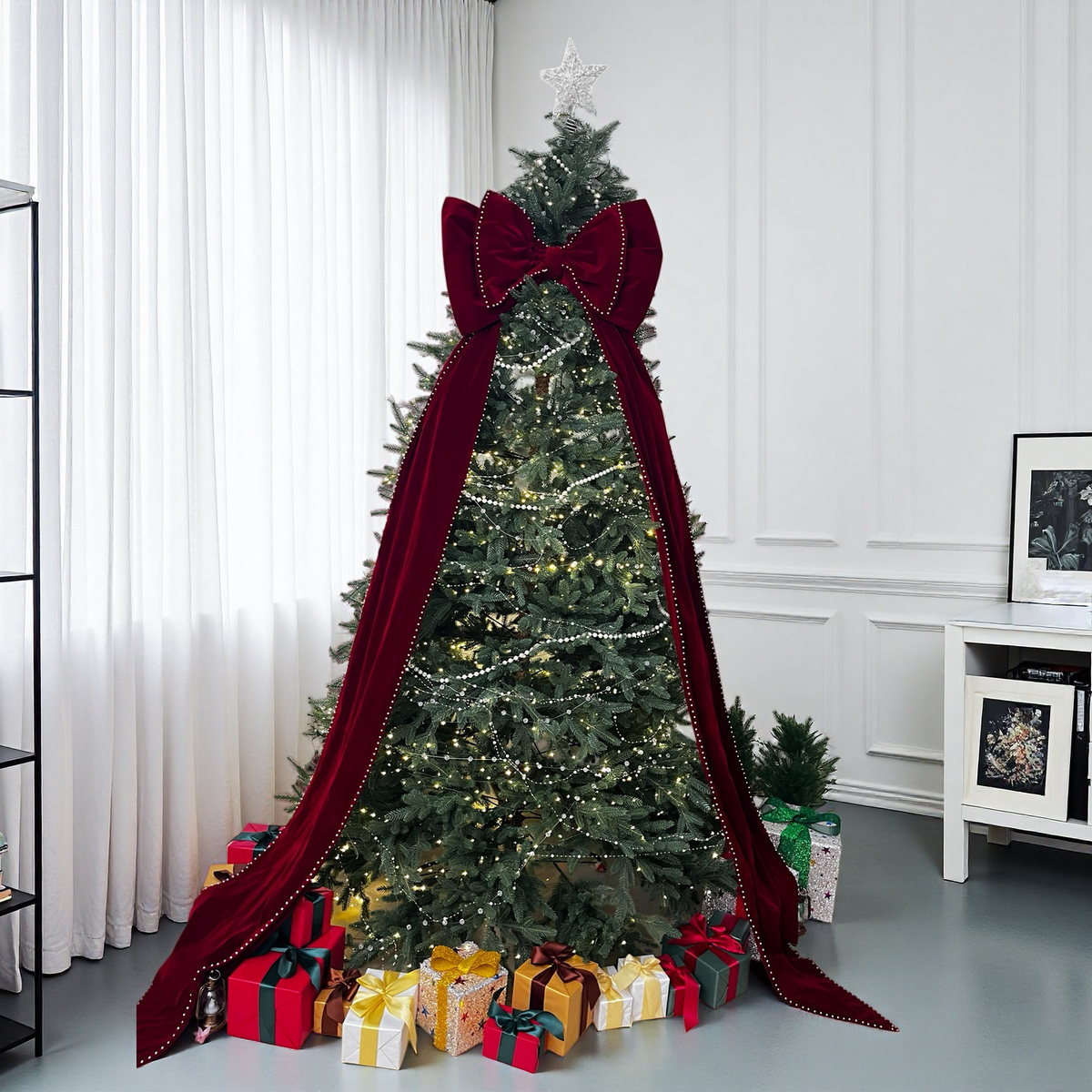 Large Burgundy Velvet Christmas Bow with Pearl Trim