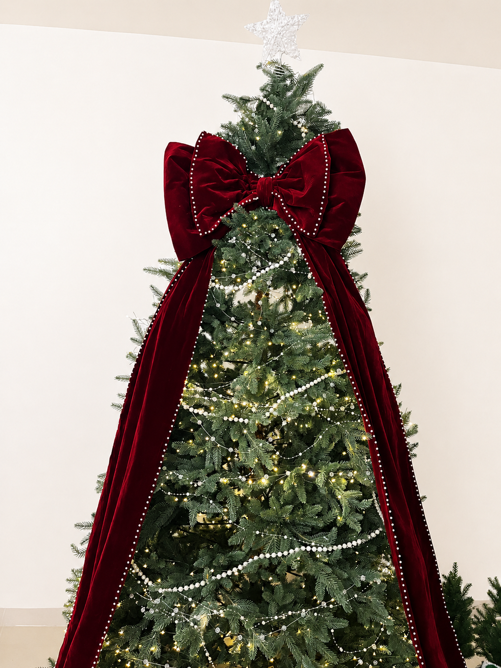 Large Burgundy Velvet Christmas Bow with Pearl Trim