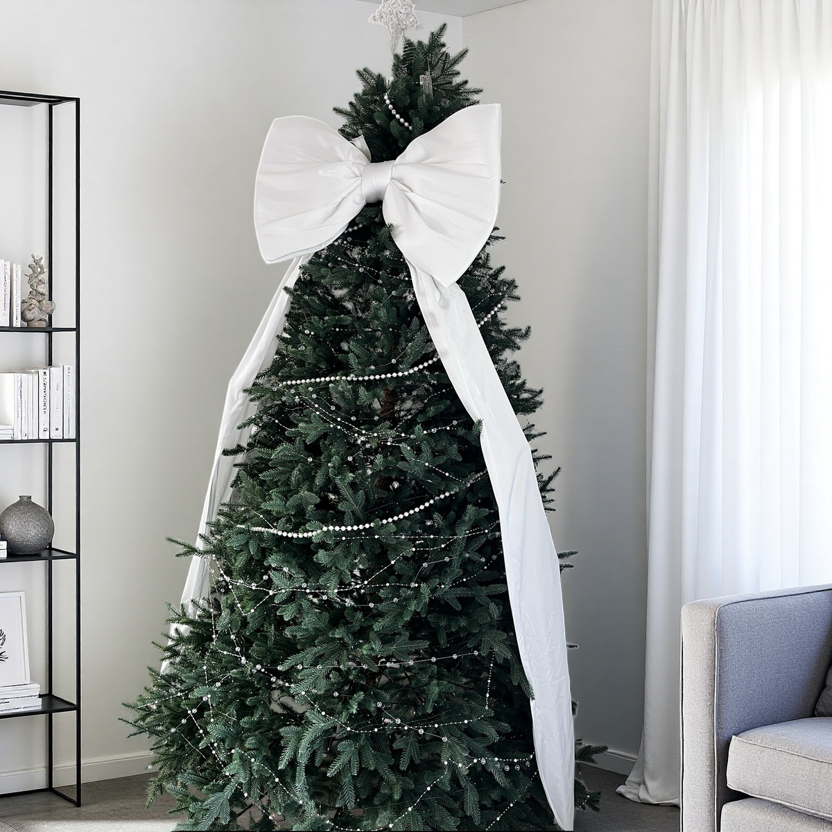 Luxury Giant Crystal Satin Christmas Tree Bow | Oversized White Holiday Tree Topper with Long Tails