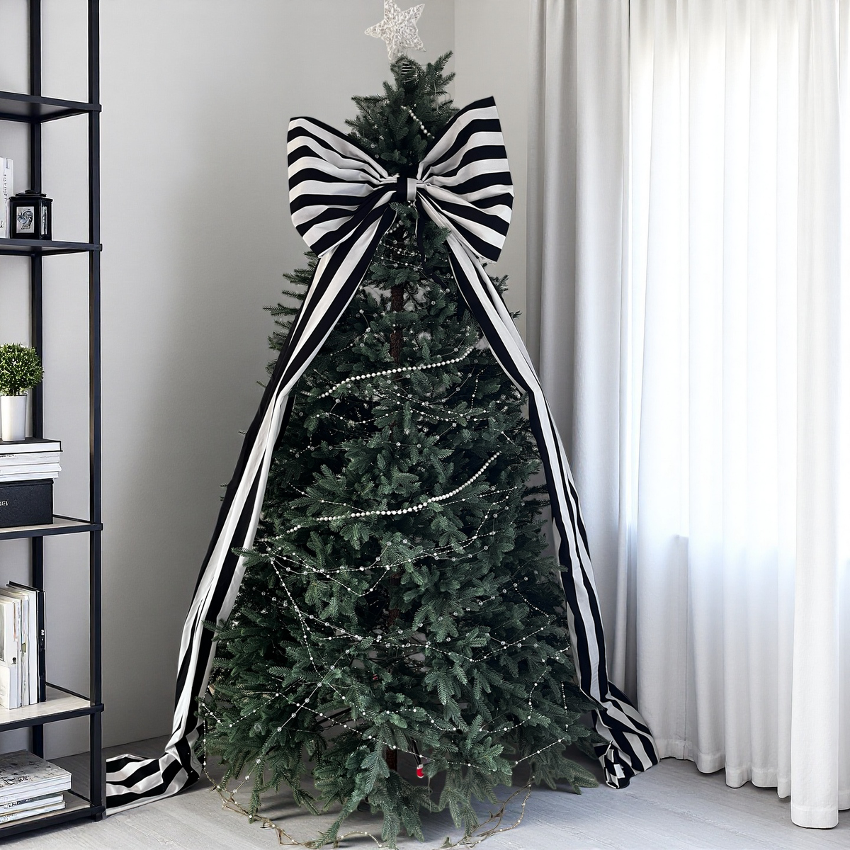 Large Black & White Striped Christmas Bow with Long Tails