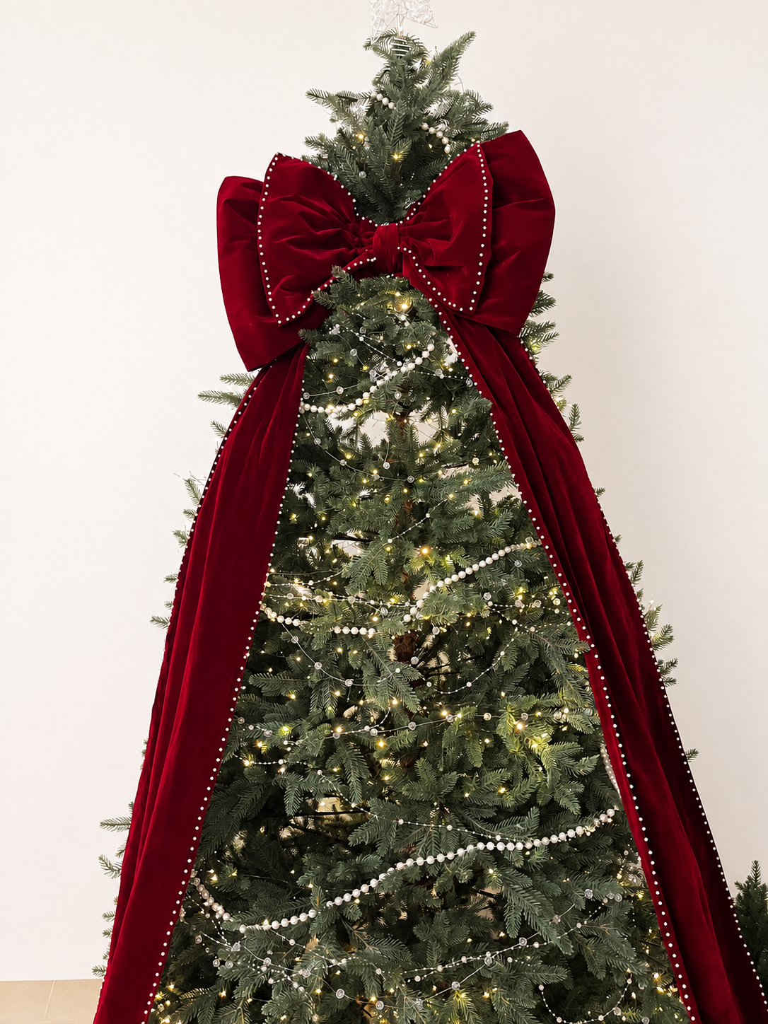Large Burgundy Velvet Christmas Bow with Pearl Trim